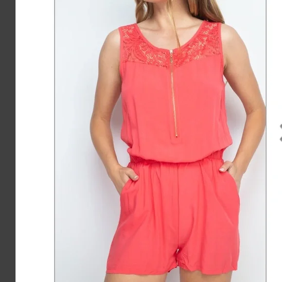 Coral Sleeveless scoop neck lace detail zip front gartered waist romper, NEW! - Picture 4 of 16